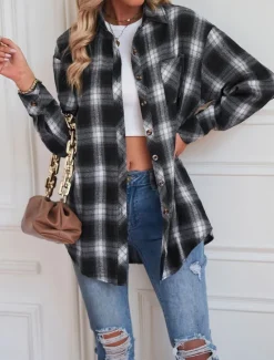 New Women's Casual Jacket Outdoor Street Daily Wear Fall Winter Regular Coat Regular Fit Thermal Warm Breathable Stylish Casual Jacket Long Sleeve Stripes and Plaid with Pockets Print Black Red Green Women Jackets
