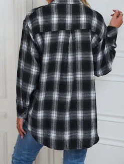 New Women's Casual Jacket Outdoor Street Daily Wear Fall Winter Regular Coat Regular Fit Thermal Warm Breathable Stylish Casual Jacket Long Sleeve Stripes and Plaid with Pockets Print Black Red Green Women Jackets