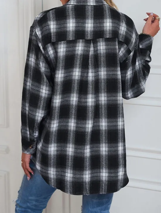New Women's Casual Jacket Outdoor Street Daily Wear Fall Winter Regular Coat Regular Fit Thermal Warm Breathable Stylish Casual Jacket Long Sleeve Stripes and Plaid with Pockets Print Black Red Green Women Jackets