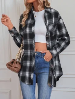 New Women's Casual Jacket Outdoor Street Daily Wear Fall Winter Regular Coat Regular Fit Thermal Warm Breathable Stylish Casual Jacket Long Sleeve Stripes and Plaid with Pockets Print Black Red Green Women Jackets