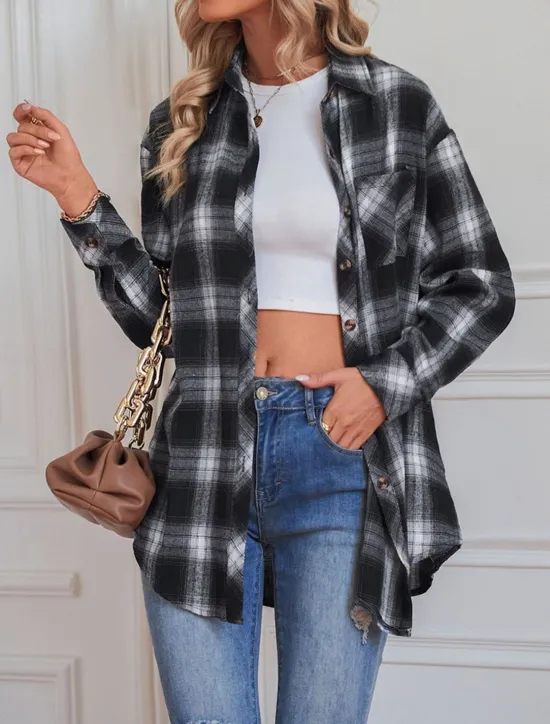 New Women's Casual Jacket Outdoor Street Daily Wear Fall Winter Regular Coat Regular Fit Thermal Warm Breathable Stylish Casual Jacket Long Sleeve Stripes and Plaid with Pockets Print Black Red Green Women Jackets
