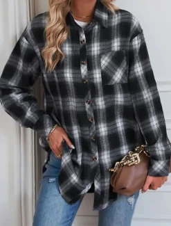 New Women's Casual Jacket Outdoor Street Daily Wear Fall Winter Regular Coat Regular Fit Thermal Warm Breathable Stylish Casual Jacket Long Sleeve Stripes and Plaid with Pockets Print Black Red Green Women Jackets
