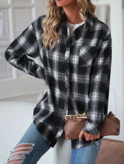 New Women's Casual Jacket Outdoor Street Daily Wear Fall Winter Regular Coat Regular Fit Thermal Warm Breathable Stylish Casual Jacket Long Sleeve Stripes and Plaid with Pockets Print Black Red Green Women Jackets