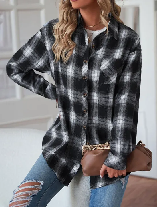 New Women's Casual Jacket Outdoor Street Daily Wear Fall Winter Regular Coat Regular Fit Thermal Warm Breathable Stylish Casual Jacket Long Sleeve Stripes and Plaid with Pockets Print Black Red Green Women Jackets