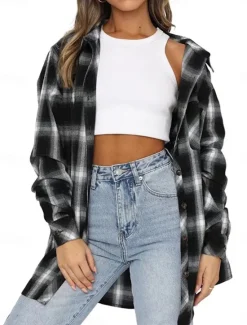 New Women's Casual Jacket Outdoor Street Daily Wear Fall Winter Regular Coat Regular Fit Thermal Warm Breathable Stylish Casual Jacket Long Sleeve Stripes and Plaid with Pockets Print Black Red Green Women Jackets