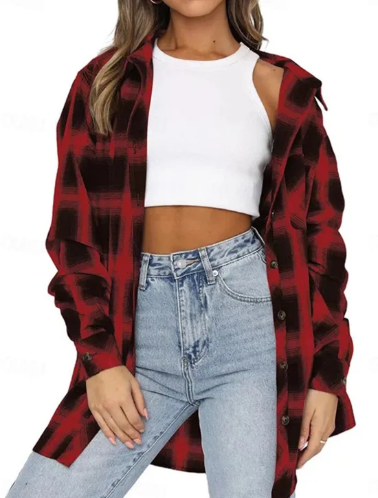 New Women's Casual Jacket Outdoor Street Daily Wear Fall Winter Regular Coat Regular Fit Thermal Warm Breathable Stylish Casual Jacket Long Sleeve Stripes and Plaid with Pockets Print Black Red Green Women Jackets