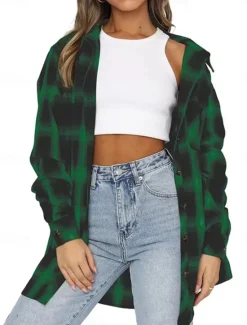 New Women's Casual Jacket Outdoor Street Daily Wear Fall Winter Regular Coat Regular Fit Thermal Warm Breathable Stylish Casual Jacket Long Sleeve Stripes and Plaid with Pockets Print Black Red Green Women Jackets