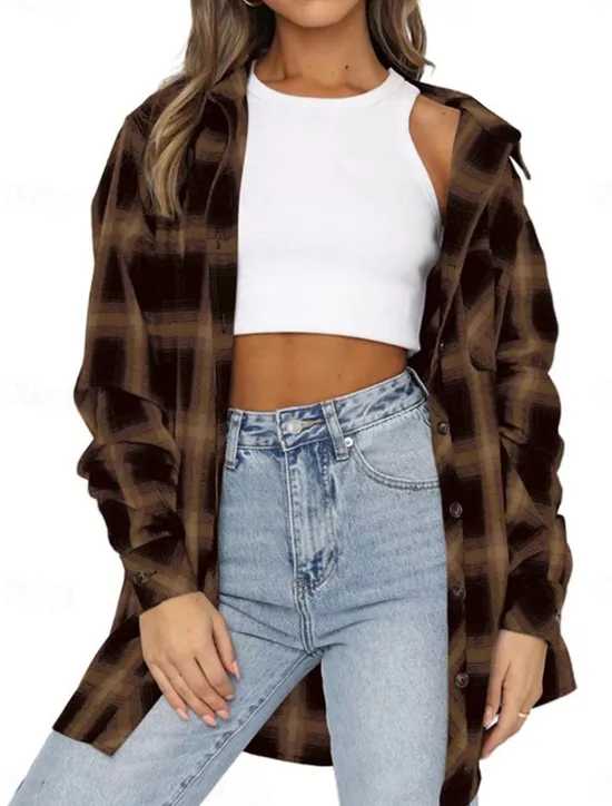 New Women's Casual Jacket Outdoor Street Daily Wear Fall Winter Regular Coat Regular Fit Thermal Warm Breathable Stylish Casual Jacket Long Sleeve Stripes and Plaid with Pockets Print Black Red Green Women Jackets