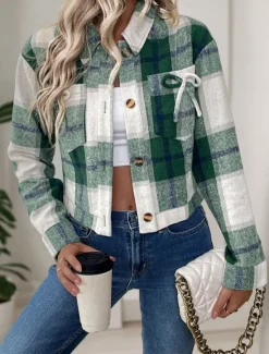 Discount Women's Casual Jacket Outdoor Street Daily Wear Fall Winter Short Coat Regular Fit Thermal Warm Breathable Stylish Casual Jacket Long Sleeve Stripes and Plaid with Pockets Print Women Jackets