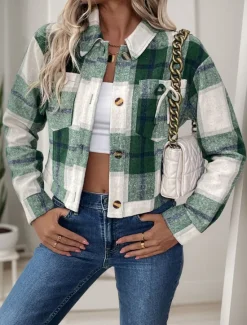 Discount Women's Casual Jacket Outdoor Street Daily Wear Fall Winter Short Coat Regular Fit Thermal Warm Breathable Stylish Casual Jacket Long Sleeve Stripes and Plaid with Pockets Print Women Jackets