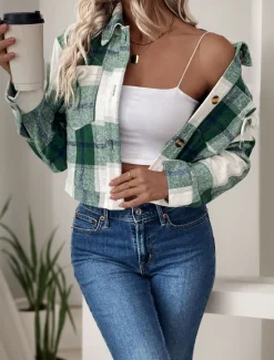 Discount Women's Casual Jacket Outdoor Street Daily Wear Fall Winter Short Coat Regular Fit Thermal Warm Breathable Stylish Casual Jacket Long Sleeve Stripes and Plaid with Pockets Print Women Jackets
