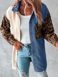 New Women's Casual Jacket Outdoor Buttons Leopard Windproof Fashion Regular Fit Outerwear Long Sleeve Fall Blue S Women Jackets