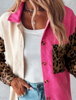 New Women's Casual Jacket Outdoor Buttons Leopard Windproof Fashion Regular Fit Outerwear Long Sleeve Fall Blue S Women Jackets