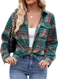 Hot Women's Casual Jacket Outdoor Street Daily Wear Fall Winter Regular Coat Regular Fit Thermal Warm Breathable Stylish Casual Jacket Long Sleeve Stripes and Plaid with Pockets Print Pink Red Orange Women Jackets