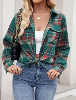 Hot Women's Casual Jacket Outdoor Street Daily Wear Fall Winter Regular Coat Regular Fit Thermal Warm Breathable Stylish Casual Jacket Long Sleeve Stripes and Plaid with Pockets Print Pink Red Orange Women Jackets