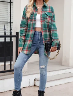 Hot Women's Casual Jacket Outdoor Street Daily Wear Fall Winter Regular Coat Regular Fit Thermal Warm Breathable Stylish Casual Jacket Long Sleeve Stripes and Plaid with Pockets Print Pink Red Orange Women Jackets