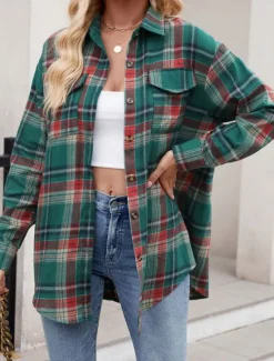 Hot Women's Casual Jacket Outdoor Street Daily Wear Fall Winter Regular Coat Regular Fit Thermal Warm Breathable Stylish Casual Jacket Long Sleeve Stripes and Plaid with Pockets Print Pink Red Orange Women Jackets