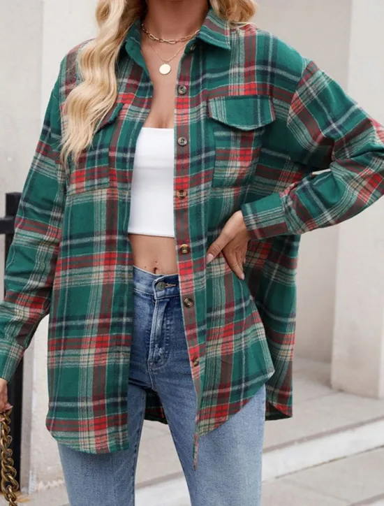 Hot Women's Casual Jacket Outdoor Street Daily Wear Fall Winter Regular Coat Regular Fit Thermal Warm Breathable Stylish Casual Jacket Long Sleeve Stripes and Plaid with Pockets Print Pink Red Orange Women Jackets