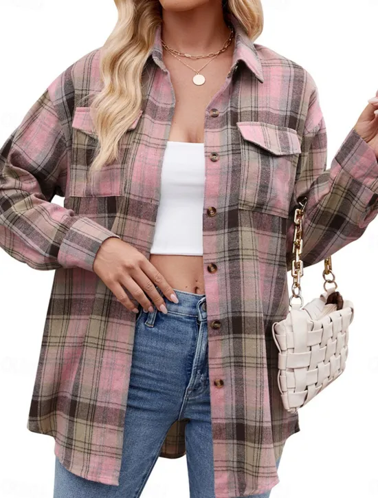 Hot Women's Casual Jacket Outdoor Street Daily Wear Fall Winter Regular Coat Regular Fit Thermal Warm Breathable Stylish Casual Jacket Long Sleeve Stripes and Plaid with Pockets Print Pink Red Orange Women Jackets