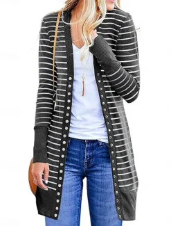 Women's Casual Jacket Outdoor Street Daily Wear Fall Winter Long Coat Regular Fit Thermal Warm Breathable Stylish Casual Jacket Long Sleeve Striped Print Dark Grey Army Green Blue Women Jackets