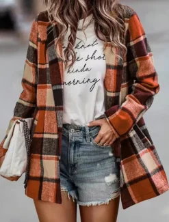 New Women's Casual Jacket Outdoor Street Daily Wear Fall Winter Regular Coat Regular Fit Thermal Warm Breathable Stylish Casual Jacket Long Sleeve Stripes and Plaid with Pockets Print Red Fuchsia Orange Women Jackets