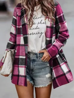 New Women's Casual Jacket Outdoor Street Daily Wear Fall Winter Regular Coat Regular Fit Thermal Warm Breathable Stylish Casual Jacket Long Sleeve Stripes and Plaid with Pockets Print Red Fuchsia Orange Women Jackets