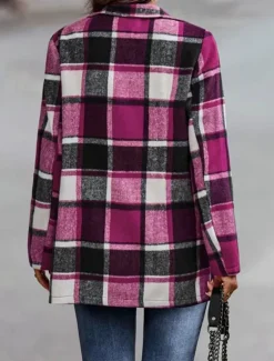 New Women's Casual Jacket Outdoor Street Daily Wear Fall Winter Regular Coat Regular Fit Thermal Warm Breathable Stylish Casual Jacket Long Sleeve Stripes and Plaid with Pockets Print Red Fuchsia Orange Women Jackets