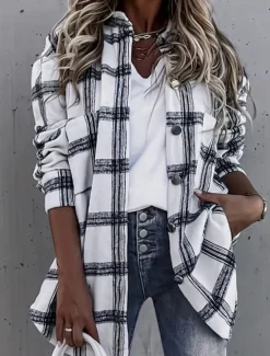 Online Women's Casual Jacket Outdoor Street Daily Wear Fall Winter Regular Coat Regular Fit Thermal Warm Breathable Stylish Casual Jacket Long Sleeve Stripes and Plaid with Pockets Print Women Jackets