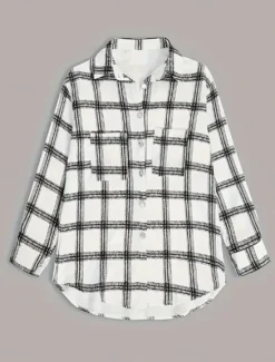 Online Women's Casual Jacket Outdoor Street Daily Wear Fall Winter Regular Coat Regular Fit Thermal Warm Breathable Stylish Casual Jacket Long Sleeve Stripes and Plaid with Pockets Print Women Jackets