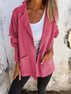 Women's Casual Jacket Outdoor Street Daily Wear Fall Winter Regular Coat Regular Fit Thermal Warm Breathable Stylish Casual Jacket Long Sleeve Plain with Pockets Yellow Pink Green Women Coats & Trench Coats