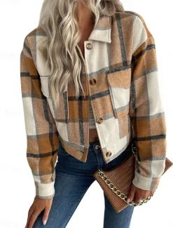 Outlet Women's Casual Jacket Outdoor Street Daily Wear Fall Winter Short Coat Regular Fit Thermal Warm Breathable Stylish Casual Jacket Long Sleeve Stripes and Plaid with Pockets Print Black Navy Blue Purple Women Jackets
