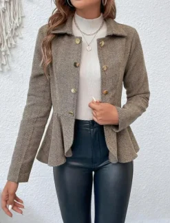 Outlet Women's Casual Jacket Outdoor Ruffle Solid Color Windproof Fashion Regular Fit Outerwear Long Sleeve Fall Camel S Women Blazers & Suits