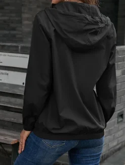 New Women's Casual Jacket Outdoor Zipper Solid Color Waterproof Fashion Regular Fit Outerwear Long Sleeve Fall Black S Women Jackets