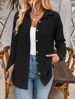 Best Women's Casual Jacket Outdoor Street Daily Wear Fall Regular Coat Regular Fit Thermal Warm Breathable Stylish Casual Jacket Long Sleeve Stripes and Plaid with Pockets Print Black Blue Khaki Women Jackets