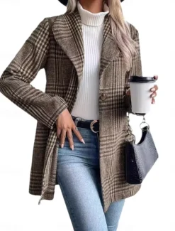 Best Women's Casual Jacket Outdoor Street Daily Wear Fall Winter Regular Coat Regular Fit Thermal Warm Breathable Stylish Casual Jacket Long Sleeve Stripes and Plaid with Pockets Print Red Camel Gray Women Blazers & Suits