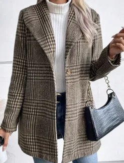 Best Women's Casual Jacket Outdoor Street Daily Wear Fall Winter Regular Coat Regular Fit Thermal Warm Breathable Stylish Casual Jacket Long Sleeve Stripes and Plaid with Pockets Print Red Camel Gray Women Blazers & Suits