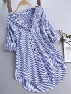Sale Women's Casual Jacket Shacket Comfortable Breathable Pocket Buttons Print Casual Stripe Vacation Street Daily Wear Going out Single Breasted Long Stand Collar Regular Fit Long Sleeve Outerwear Black Women Jackets