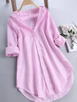 Sale Women's Casual Jacket Shacket Comfortable Breathable Pocket Buttons Print Casual Stripe Vacation Street Daily Wear Going out Single Breasted Long Stand Collar Regular Fit Long Sleeve Outerwear Black Women Jackets