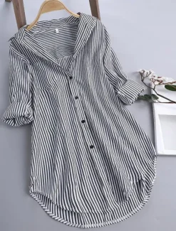 Sale Women's Casual Jacket Shacket Comfortable Breathable Pocket Buttons Print Casual Stripe Vacation Street Daily Wear Going out Single Breasted Long Stand Collar Regular Fit Long Sleeve Outerwear Black Women Jackets