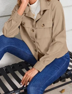 Women's Casual Jacket Shacket Comfortable Breathable Pocket Fashion Casual Plain Vacation Street Casual Daily Wear Single Breasted Short Turndown Regular Fit Long Sleeve Outerwear Black White Pink Women Jackets