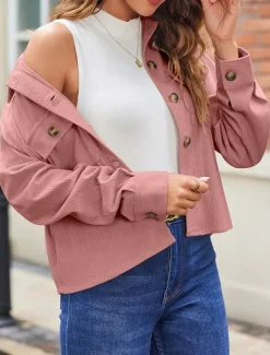 Women's Casual Jacket Shacket Comfortable Breathable Pocket Fashion Casual Plain Vacation Street Casual Daily Wear Single Breasted Short Turndown Regular Fit Long Sleeve Outerwear Black White Pink Women Jackets