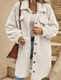 Discount Women's Casual Jacket Street Daily Wear Fall Winter Regular Coat Loose Fit Warm Breathable Comtemporary Stylish Plush Jacket Long Sleeve Solid Color with Pockets Print Light Brown Khaki Women Coats & Trench Coats
