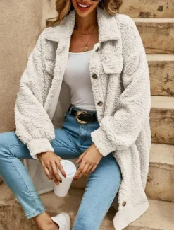 Discount Women's Casual Jacket Street Daily Wear Fall Winter Regular Coat Loose Fit Warm Breathable Comtemporary Stylish Plush Jacket Long Sleeve Solid Color with Pockets Print Light Brown Khaki Women Coats & Trench Coats