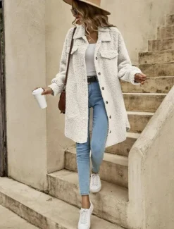 Discount Women's Casual Jacket Street Daily Wear Fall Winter Regular Coat Loose Fit Warm Breathable Comtemporary Stylish Plush Jacket Long Sleeve Solid Color with Pockets Print Light Brown Khaki Women Coats & Trench Coats