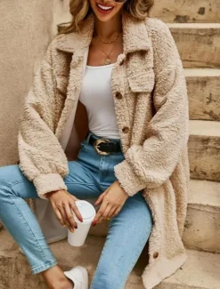 Discount Women's Casual Jacket Street Daily Wear Fall Winter Regular Coat Loose Fit Warm Breathable Comtemporary Stylish Plush Jacket Long Sleeve Solid Color with Pockets Print Light Brown Khaki Women Coats & Trench Coats