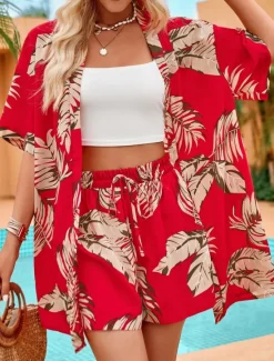 Best Women's Casual Jacket Suits Breathable Comfortable Drawstring Print Casual Leaf Vacation Street Holiday Daily Wear Open Front Regular Collarless Regular Fit Half Sleeve Outerwear Red Green Summer Women Blazers & Suits|Jackets