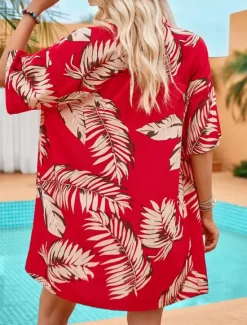 Best Women's Casual Jacket Suits Breathable Comfortable Drawstring Print Casual Leaf Vacation Street Holiday Daily Wear Open Front Regular Collarless Regular Fit Half Sleeve Outerwear Red Green Summer Women Blazers & Suits|Jackets
