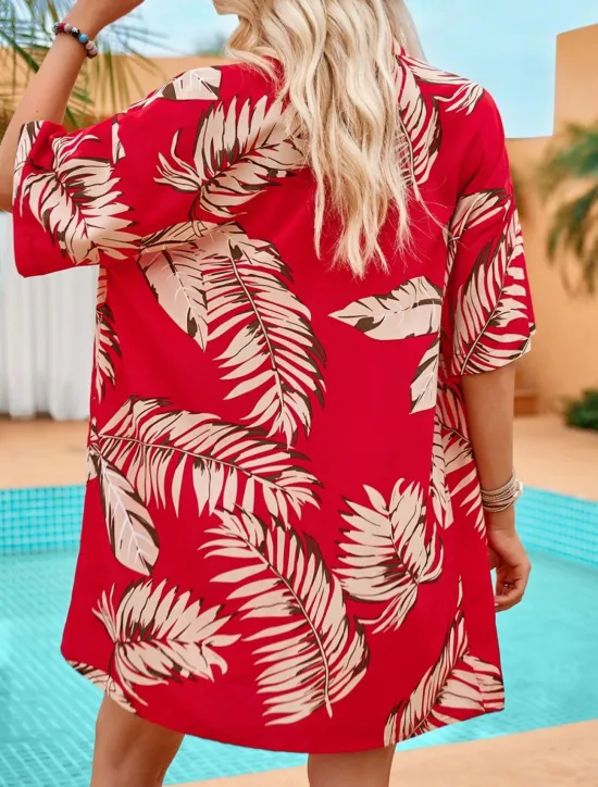 Best Women's Casual Jacket Suits Breathable Comfortable Drawstring Print Casual Leaf Vacation Street Holiday Daily Wear Open Front Regular Collarless Regular Fit Half Sleeve Outerwear Red Green Summer Women Blazers & Suits|Jackets
