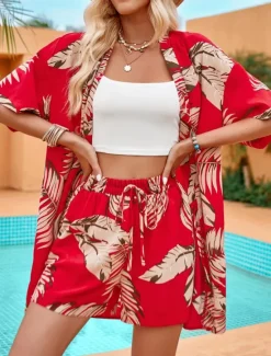 Best Women's Casual Jacket Suits Breathable Comfortable Drawstring Print Casual Leaf Vacation Street Holiday Daily Wear Open Front Regular Collarless Regular Fit Half Sleeve Outerwear Red Green Summer Women Blazers & Suits|Jackets