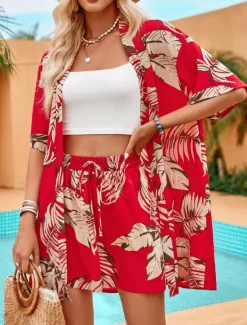 Best Women's Casual Jacket Suits Breathable Comfortable Drawstring Print Casual Leaf Vacation Street Holiday Daily Wear Open Front Regular Collarless Regular Fit Half Sleeve Outerwear Red Green Summer Women Blazers & Suits|Jackets